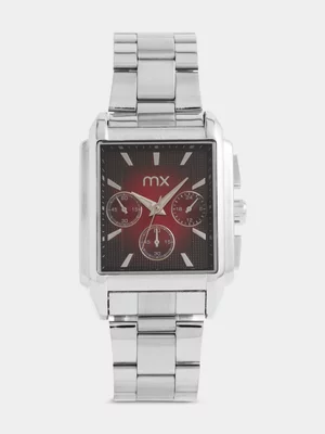 MX Silver Plated Red Dial Rectangle Bracelet Watch 