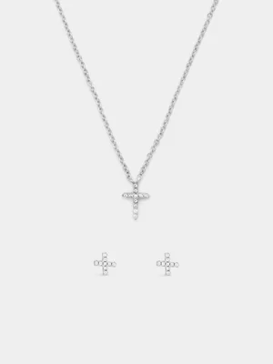 Rhodium Plated Cubic Zirconia Cross Pendant & Stud Earrings Set 
