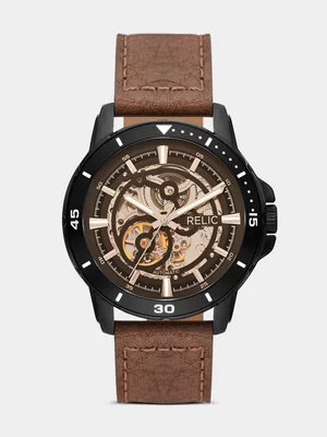 Relic By Fossil Brenton Black Plated Automatic Brown Leather Watch