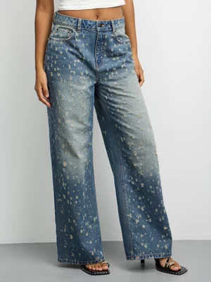 The FIX Women's Vintage Wash Picked Fabric Wide Leg Denim