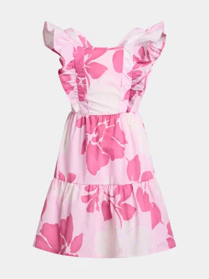 Jet Older Girls Pink Floral All Over Print Poplin Dress