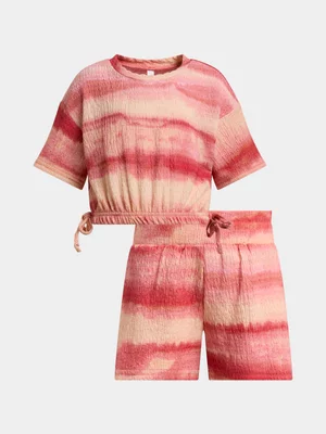 Exact Older Girl's Orange Tie-Dye Textured Top & Shorts Set