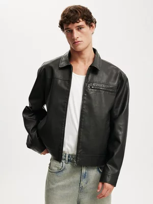 Men's Cotton On Black Faux Leather Cropped Harrington Jacket