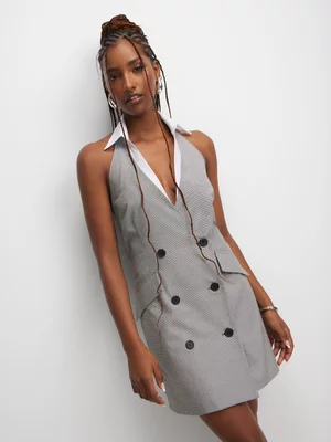 The FIX Women's Tailored Contrast Collar Halter Check Mini Dress