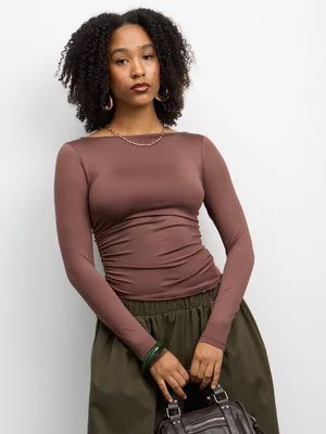 The FIX Women's Brown Boat Neck Top With Side Ties