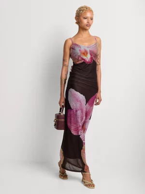 Mesh Floral Print Midi Column Dress