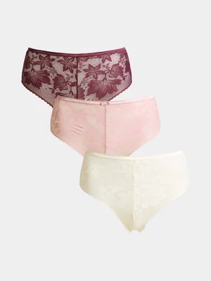 Jet Women's 3Pk Burgundy White Pink Lace Boy Leg
