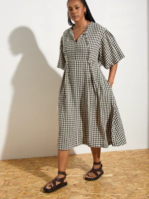 Women's Canvas Gingham Puff Sleeve Fit & Flare Dress