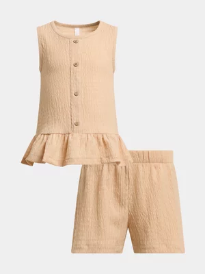 Exact Older Girl's Natural Textured Peplum Top & Shorts Set
