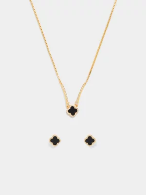 14ct Gold Plated Cubic Zirconia Black Clover Pendant & Earrings Set