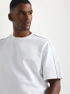 Relay Jeans Men's Boxy Fit Fleece Piping White T-Shirt