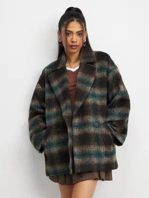 The FIX Women's Green Check Hairy Melton Coat 