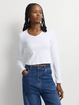 Cotton Lycra V-Neck Fitted Long Sleeve Top