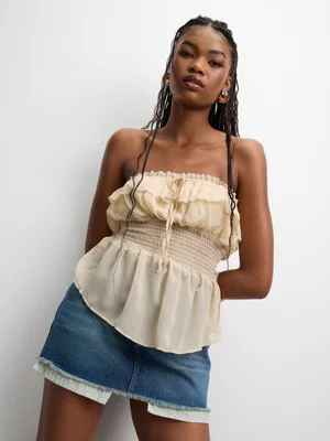 The FIX Women's Stone Chiffon Bandeau Ruffle Top