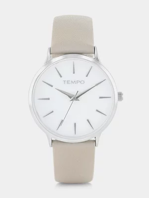 Tempo Silver Plated White Mother Of Pearl Dial Chalk Leather Watch 