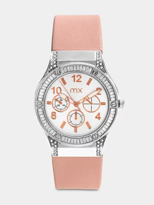 MX Silver Plated Silver Dial Pink Faux Leather Watch