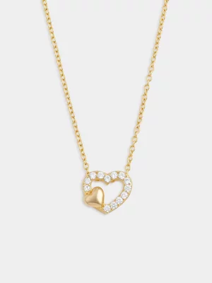 Gold Plated Sterling Silver Cubic Zirconia Heart-In-Heart Necklet