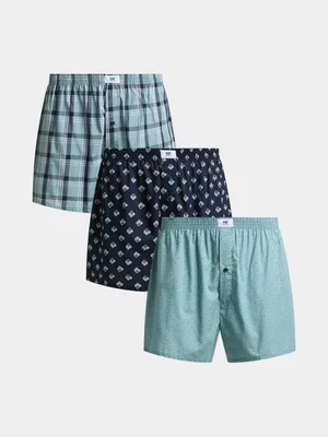 Markham Men's 3Pack Woven Summer Check Geo Aqua Boxer