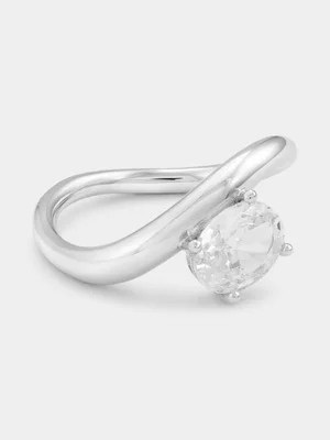 Sterling Silver Cubic Zirconia Oval Solitaire Curved Ring 