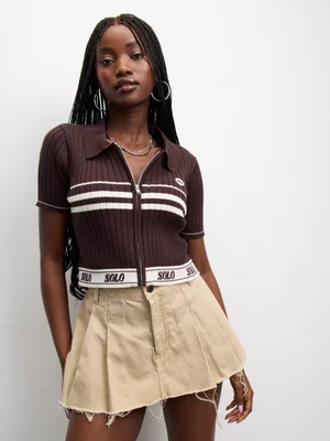 The FIX Women's Brown Knit Polo Zipthru Top