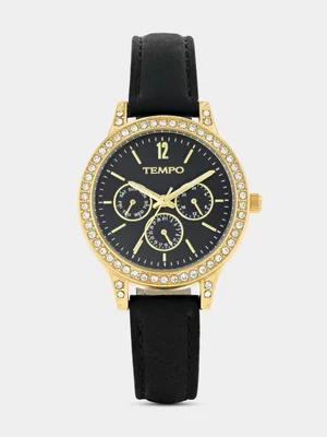 Tempo Gold Plated Black Dial Black Leather Watch