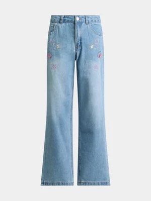 Jet Older Girls Light Blue Flower Embroidered Wide Leg Denim