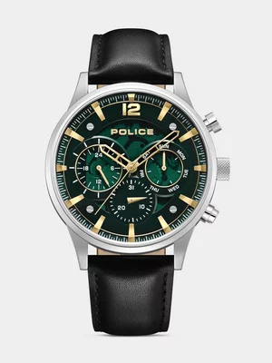 Police Driver II Stainless Steel Green Dial Black Leather Watch    