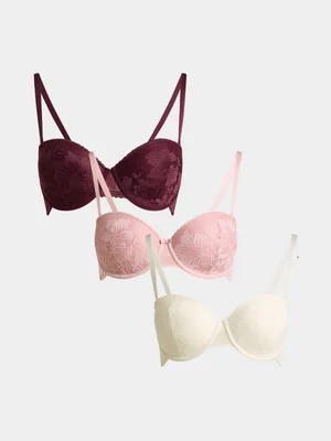 Jet Women's 3Pk Burgundy White Pink Lace Balconette Bra