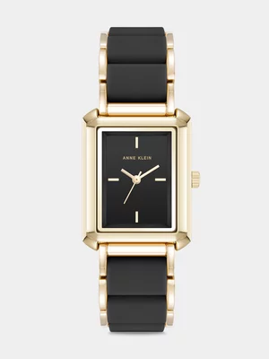 Anne Klein Black Dial Gold Plated Rectangular Silicone Watch