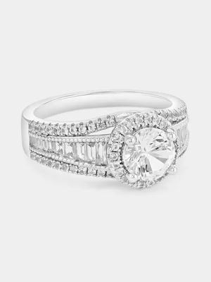 Sterling Silver White Sapphire Round Halo Ring 