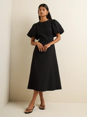 Women's Iconography Puff Sleeve Jacquard Midi Dress Black