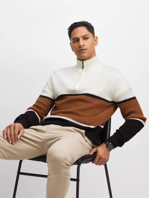 Exact Men's White & Brown Colourblock Quarter Zip Jersey