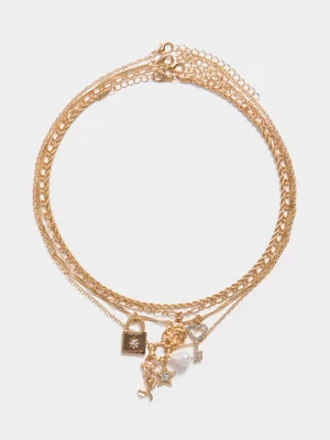 The FIX Women's Gold 4 Layer Rose & Lock Charm Necklace