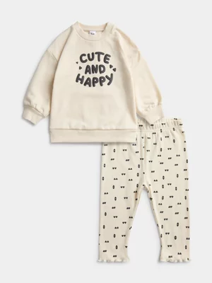Jet Baby Girl Cream Happy Crew And Legging Set