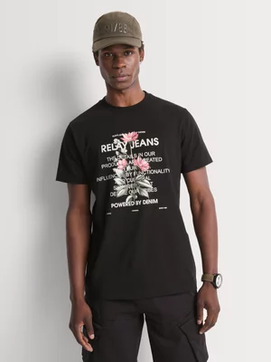 Relay Jeans Men's Regular Fit Floral Text Black T-Shirt