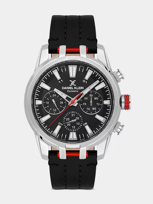 Daniel Klein Silver Plated Black Dial Black Leather Chronographic Watch 