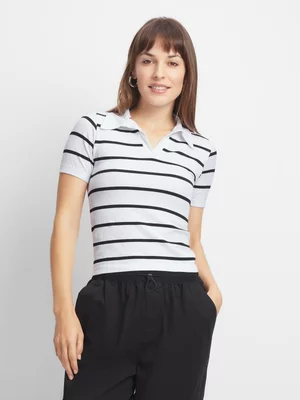 Exact Women's Black & White Striped Seamless Collar Top