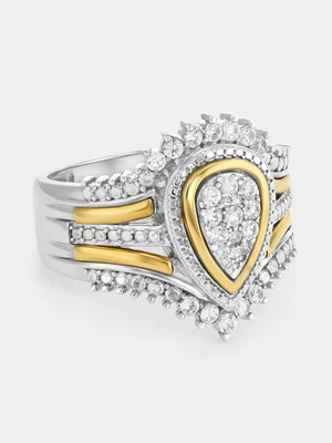 Yellow Gold & Sterling Silver White Sapphire Pear Lace Ring 