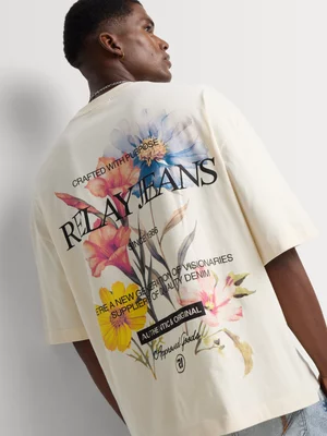 Relay Jeans Men's Boxy Fit Bright Floral Milk Graphic T-Shirt