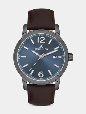 Daniel Klein Gunmetal Plated Blue Dial Brown Leather Watch