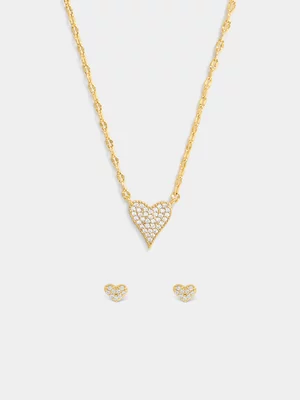 14ct Gold Plated Cubic Zirconia Heart Necklet & Stud Earrings Set 