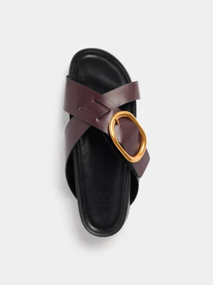 Crossover Strap Oversized Buckle Flatform Slides