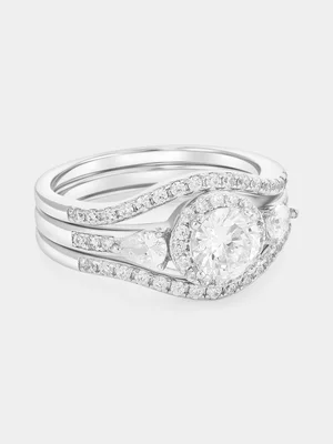 Sterling Silver Cubic Zirconia Round Halo Triple Set Ring 