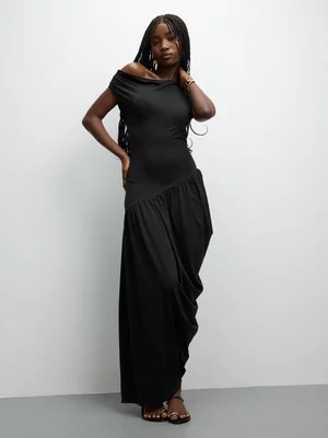 The FIX Women's Black Plush Knit Assymetric Draped Dress 