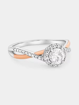 Rose Gold & Sterling Silver White Sapphire Round Halo Twist Ring 