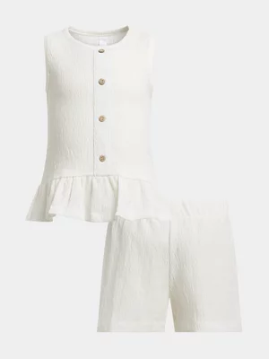 Exact Older Girl's White Textured Peplum Top & Shorts Set