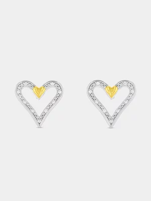 Gold Plated Sterling Silver Cubic Zirconia Two-Tone Dual Heart Stud Earrings