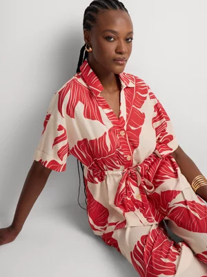 Linen-Blend Cap Sleeve Drawstring Shirt