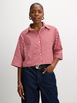 Exact Women's Red & White Striped Crop Boxy Shirt