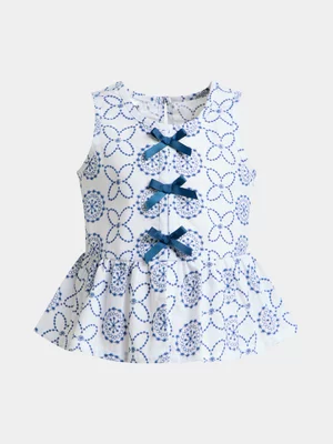 Jet Younger Girls Blue Puff Print Bow Peplum Top